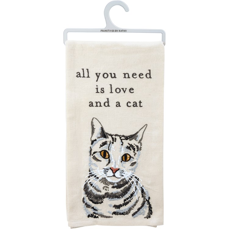 Love And A Cat Embroidered Kitchen Towel - Cotton, Linen