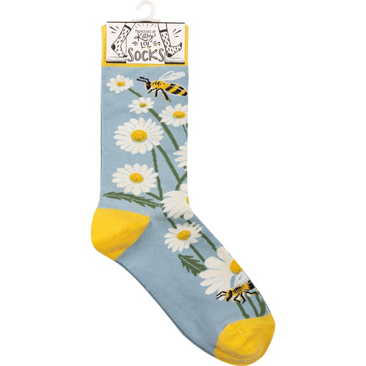 Socks - Bees & Daisies - One Size Fits Most - Cotton, Nylon, Spandex