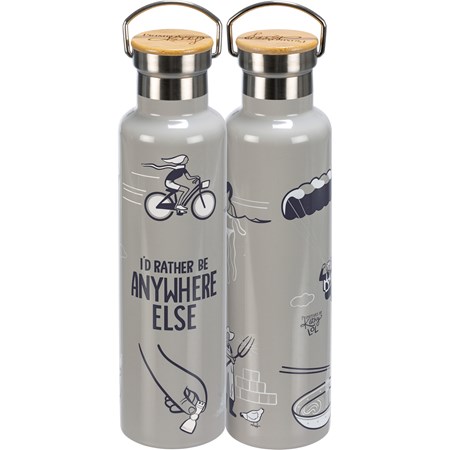 Insulated Bottle - Rather Be Anywhere Else - 25 oz., 2.75" Diameter x 11.25" - Stainless Steel, Bamboo