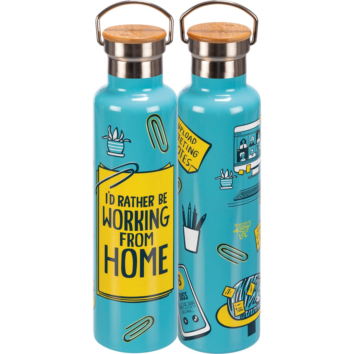 Insulated Bottle - Rather Be Working From Home - 25 oz., 2.75" Diameter x 11.25" - Stainless Steel, Bamboo