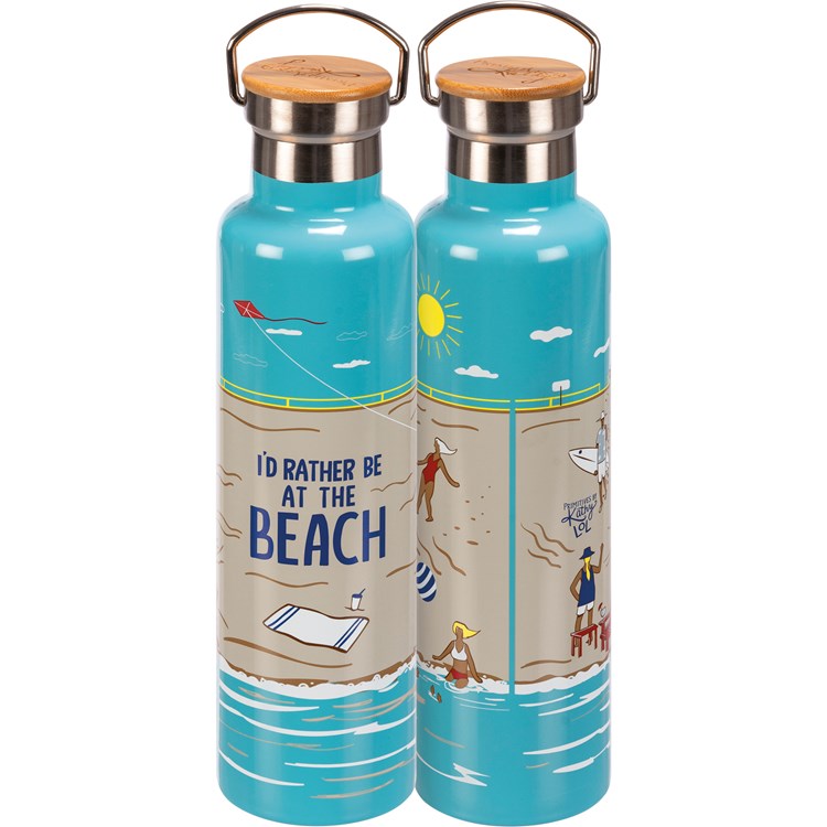 Insulated Bottle - I'd Rather Be At The Beach - 25 oz., 2.75" Diameter x 11.25" - Stainless Steel, Bamboo
