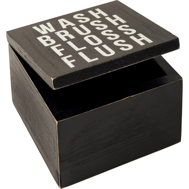 Hinged Box - Wash Brush Floss Flush - 4" x 4" x 2.75" - Wood, Metal