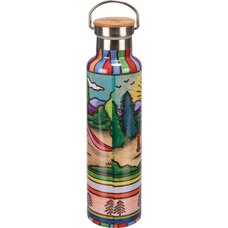 Insulated Bottle - Camper - 25 oz., 2.75" Diameter x 11.25" - Stainless Steel, Bamboo