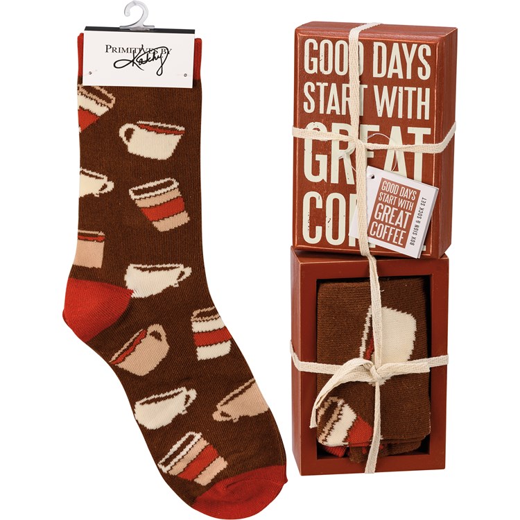 Start With Great Coffee Box Sign And Sock Set - Wood, Cotton, Nylon, Spandex, Ribbon