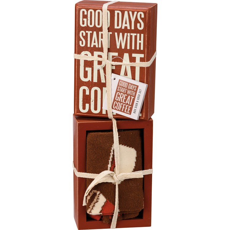 Start With Great Coffee Box Sign And Sock Set - Wood, Cotton, Nylon, Spandex, Ribbon