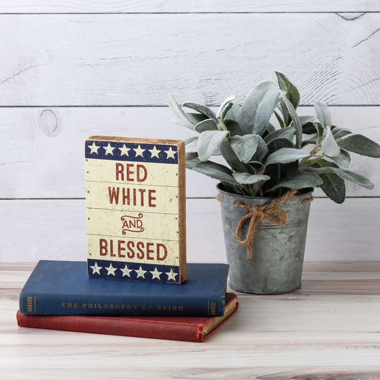 Red White And Blessed Block Sign - Wood, Paper