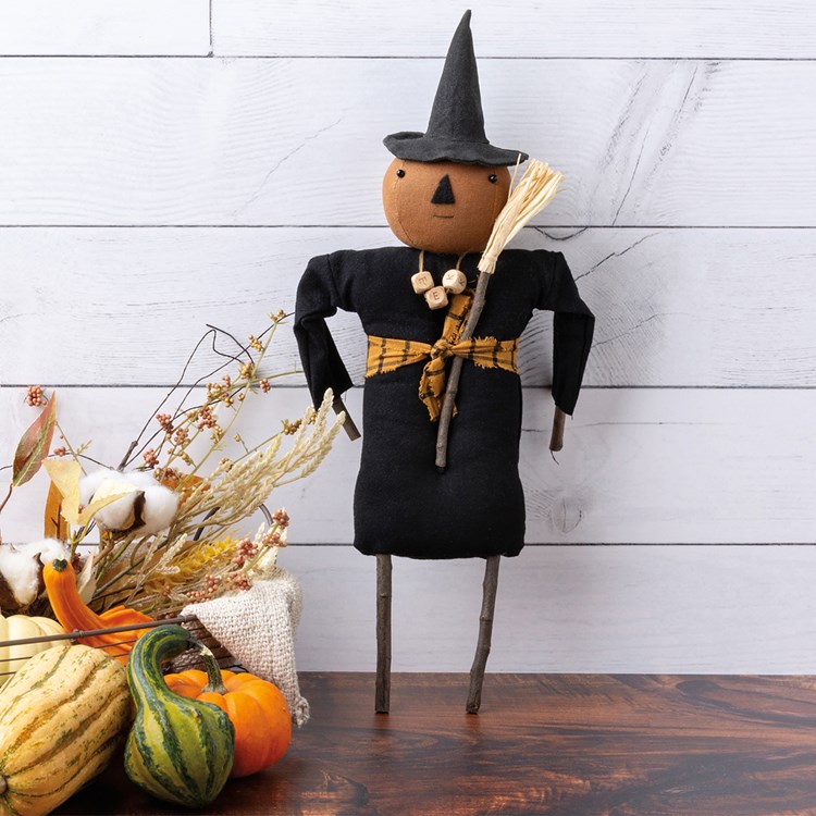 Pumpkin Witch Doll - Cotton, Wood, Wire, Plastic, Paper