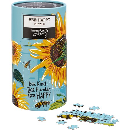 Puzzle - Bee Kind Bee Humble Bee Happy - Puzzle: 27" x 20", Box: 4.75" Diameter x 8.75" - Paper