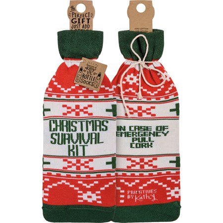 Bottle Sock - Christmas Survival Kit - 3.50" x 11.25", Fits 750mL to 1.5L bottles - Cotton, Nylon, Spandex
