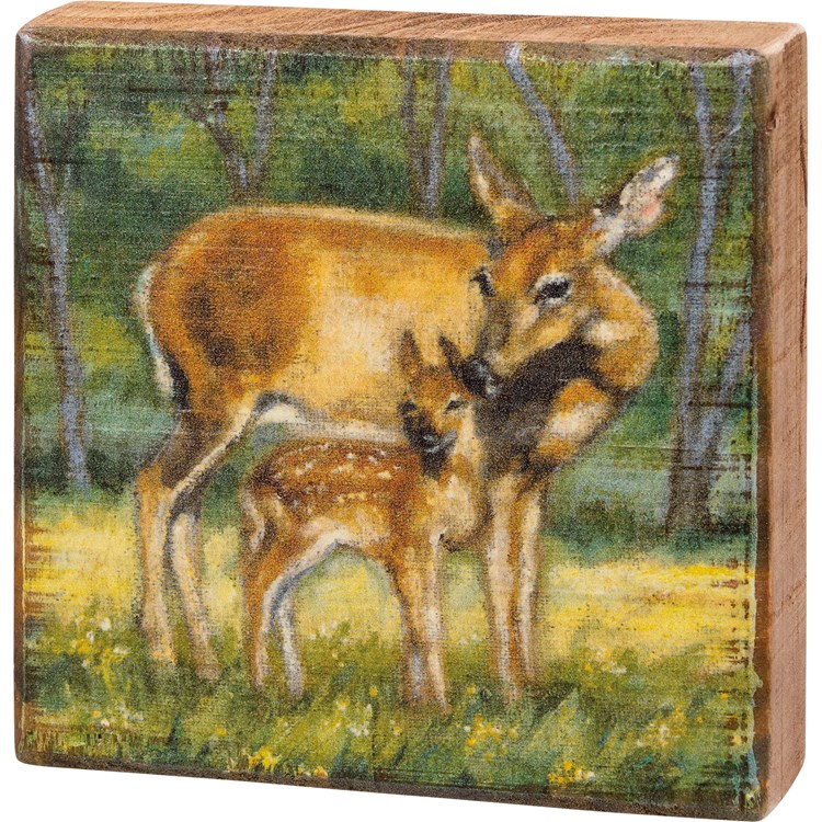 Doe And Fawn Block Sign - Wood