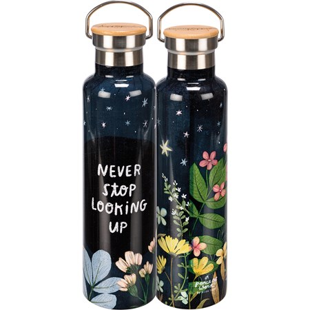Insulated Bottle - Never Stop Looking Up - 25 oz., 2.75" Diameter x 11.25" - Stainless Steel, Bamboo
