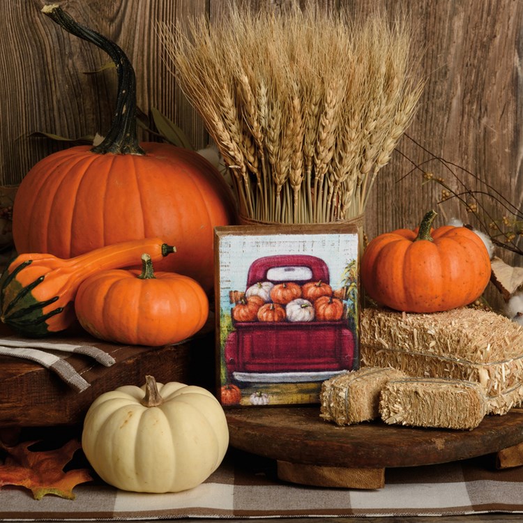 Block Sign - Red Truck And Pumpkins - 4" x 5" x 1" - Wood