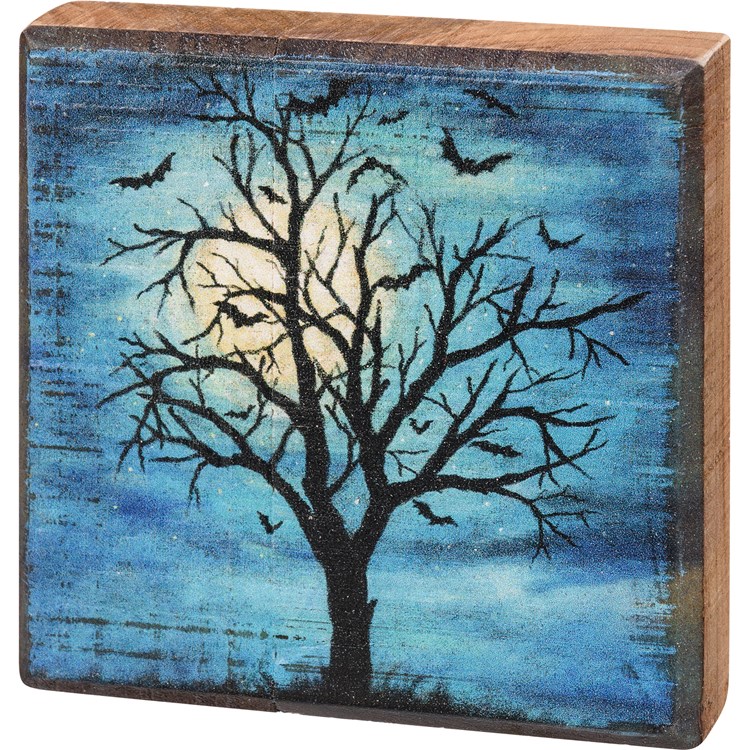 Block Sign - Haunted Tree - 4" x 4" x 1" - Wood