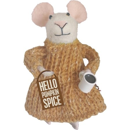 Critter - Hello Pumpkin Spice Mouse - 3.75" x 4.50" x 3.50" - Felt, Fabric, Wood, Metal, Plastic