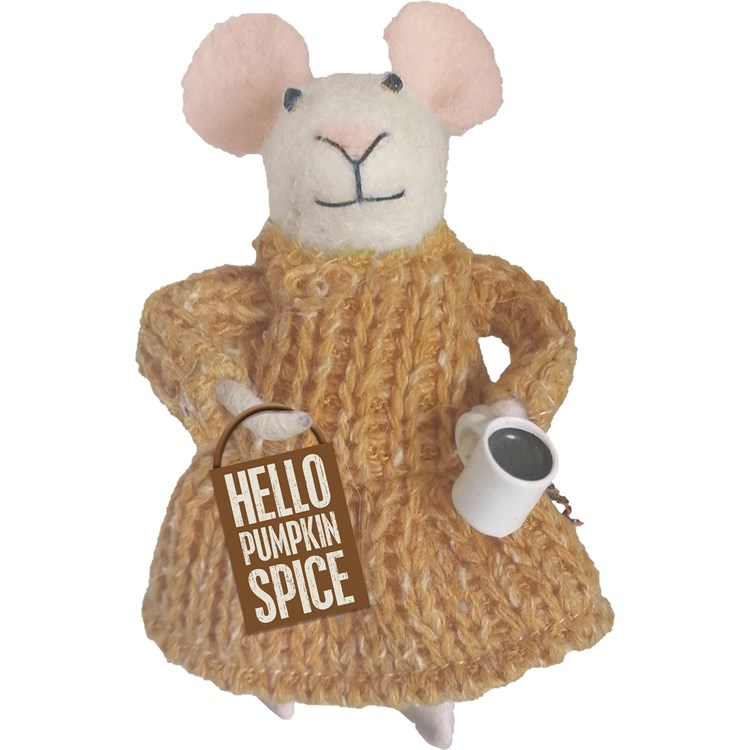 Critter - Hello Pumpkin Spice Mouse - 3.75" x 4.50" x 3.50" - Felt, Cotton, Wood, Metal, Plastic