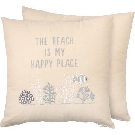 The Beach Is My Happy Place Embroidered Pillow - Cotton, Linen, Zipper