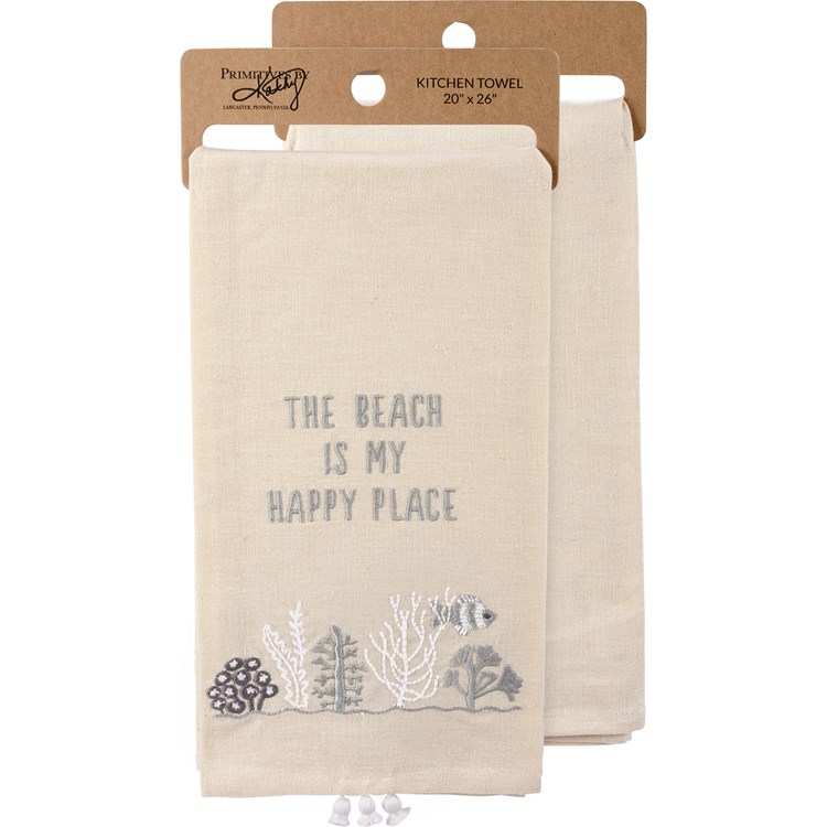 Beach Is My Happy Place Embroidered Kitchen Towel - Cotton, Linen