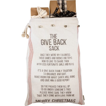 Santa Sack - The Give Back Sack Merry Christmas - 21.50" x 32.50" - Cotton, Metal, Rope