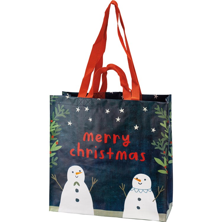 Merry Christmas Snowmen Market Tote - Post-Consumer Material, Nylon