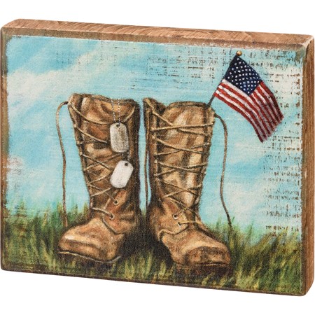 Boots & Dog Tags Block Sign - Wood