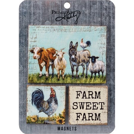 Magnet Set - Farm Sweet Farm - 4" x 3", 2" x 2", Card: 5" x 7" - Wood, Metal, Magnet