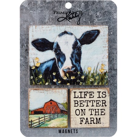 Magnet Set - Life Is Better On The Farm - 4" x 3", 2" x 2", Card: 5" x 7" - Wood, Metal, Magnet