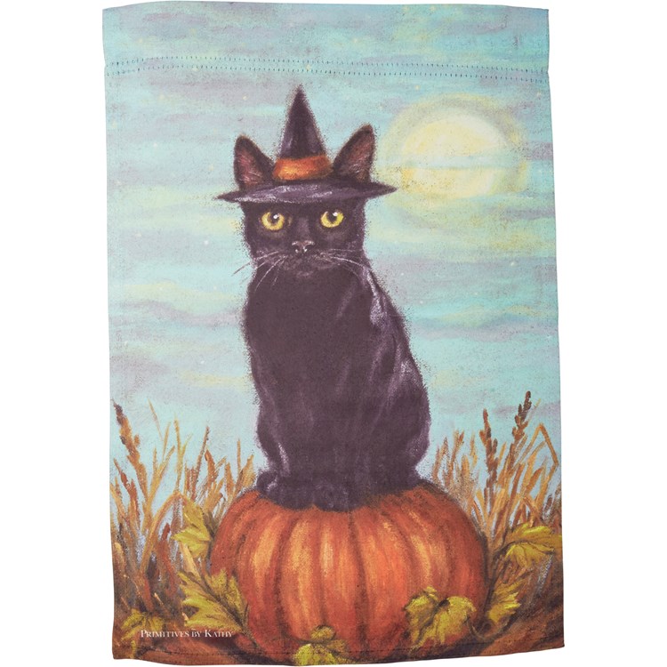 Black Cat On A Pumpkin Garden Flag - Polyester