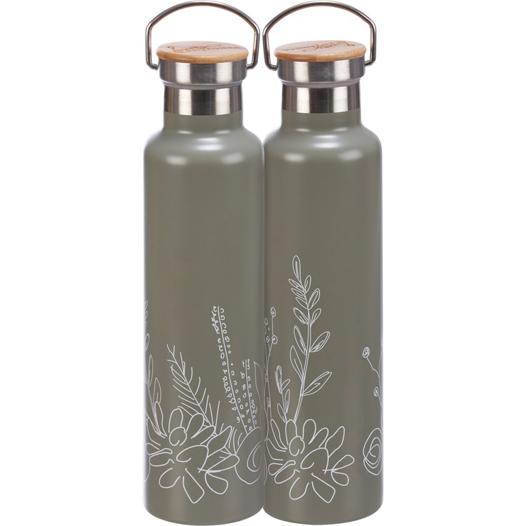 Floral Insulated Bottle - Stainless Steel, Bamboo
