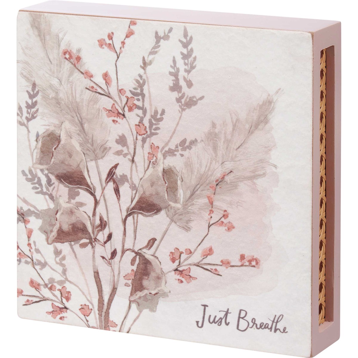 Just Breathe Box Sign - Wood, Paper, Faux Rattan