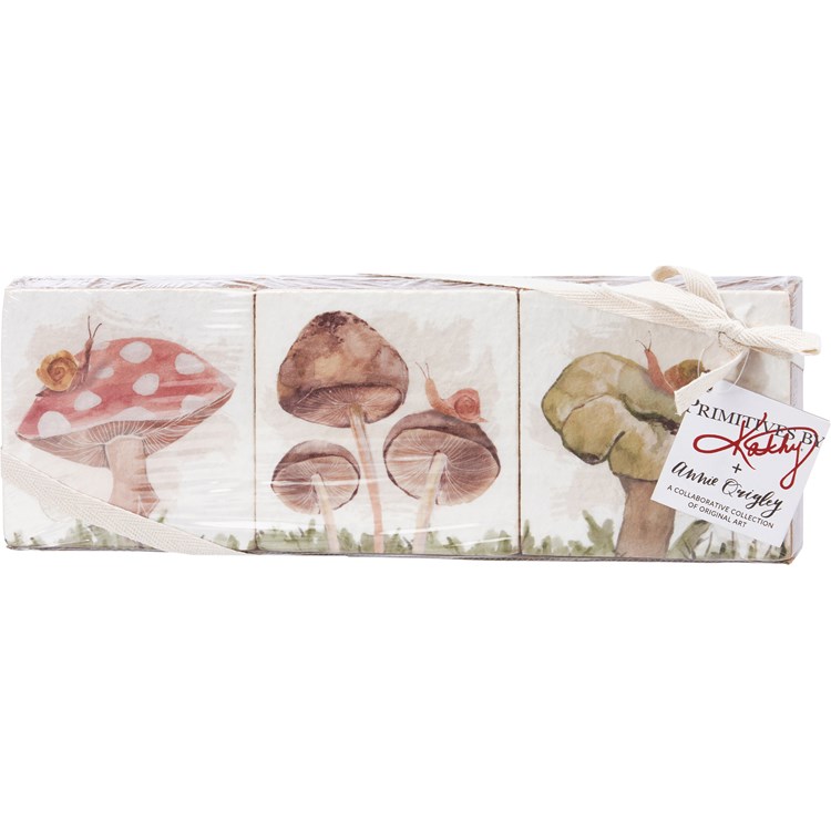 Block Sign Set - Wild Mushrooms - 4" x 4" x 1", Box: 12" x 4" x 1" - Wood, Paper