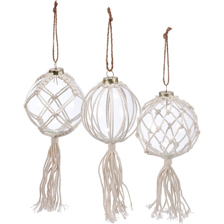 Macrame Balls Ornament Set - Glass, Cotton, Jute, Metal