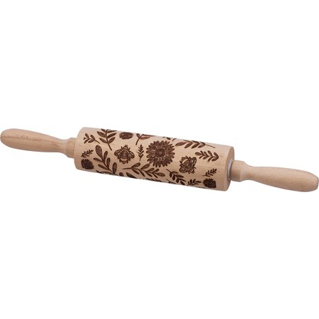 Embossing Rolling Pin Sm - Large Florals - 13.75" x 2" Diameter - Wood