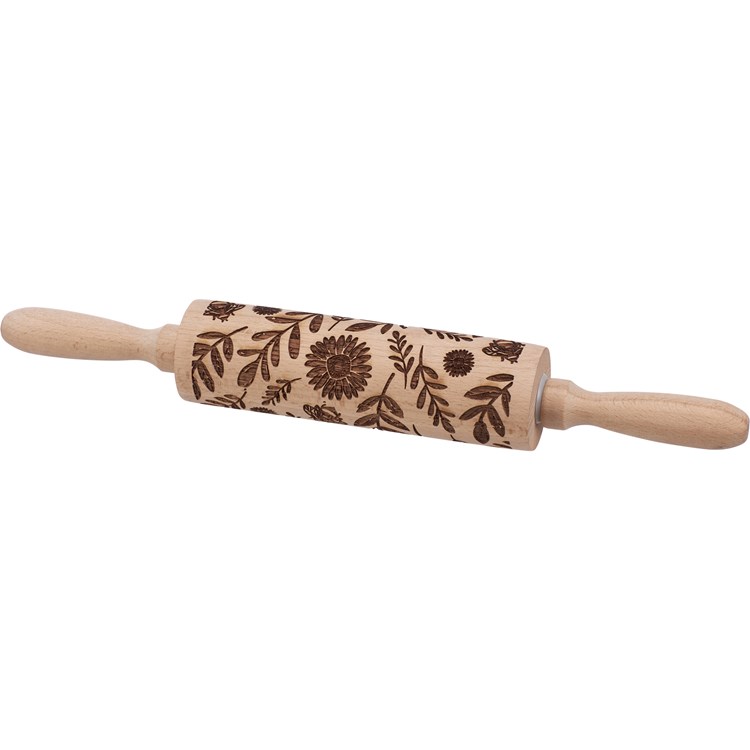 Large Florals Small Embossing Rolling Pin - Wood