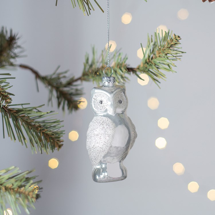 Owl Glass Ornament - Glass, Metal, Glitter