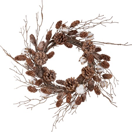 Pinecones And Cotton Wreath - Plastic, Wire, Pinecones, Cotton, Glitter