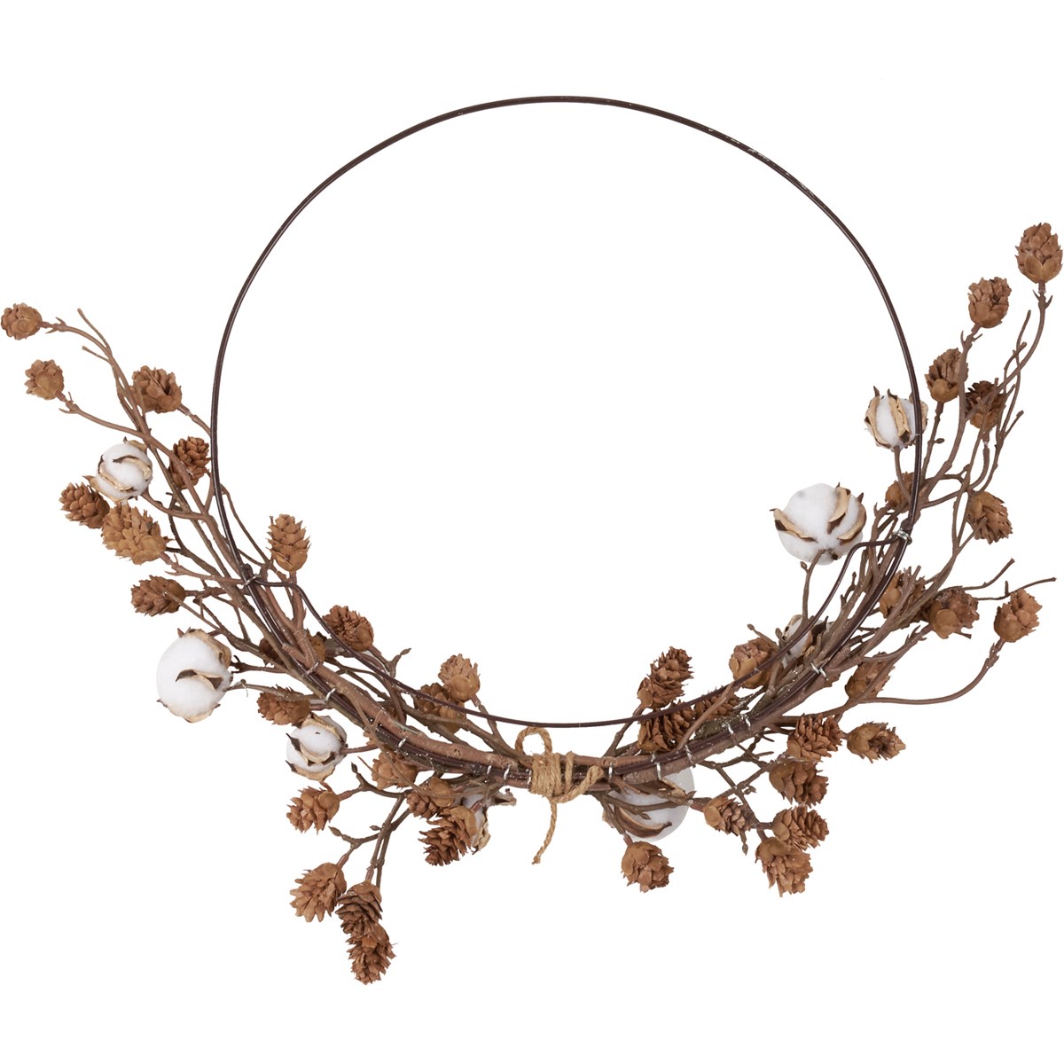 Pinecones And Cotton Ring Wreath - Metal, Plastic, Wire, Wood, Pinecones, Glitter