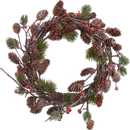 Pine And Berries Wreath - Plastic, Wire, Pinecones, Glitter