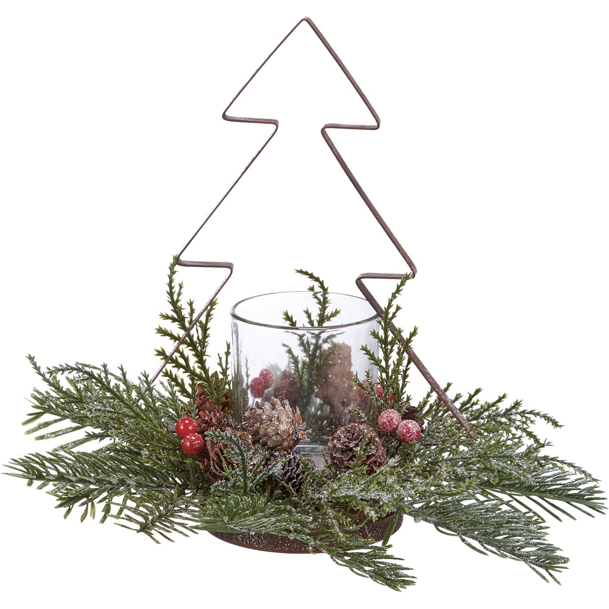 Pine And Berries Candle Holder - Metal, Plastic, Glass, Pinecones, Glitter