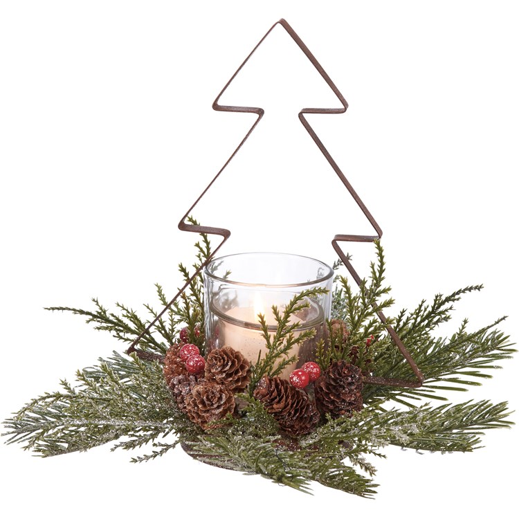 Pine And Berries Candle Holder - Metal, Plastic, Glass, Pinecones, Glitter