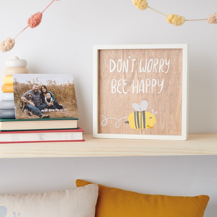 Inset Box Sign - Don't Worry Bee Happy - 8" x 8" x 1.75" - Wood