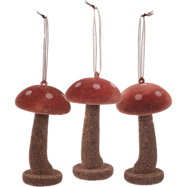 Mushrooms Small Ornament Set - Plastic, Flocking, Ribbon