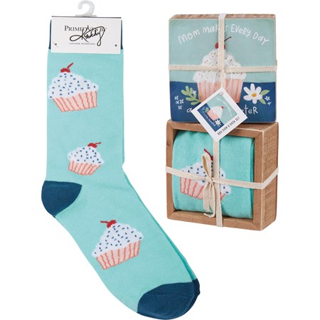 Box Sign & Sock Set - Mom Makes Sweeter - Box Sign: 4" x 4" x 1.75", Socks: One Size Fits Most - Wood, Paper, Cotton, Nylon, Spandex