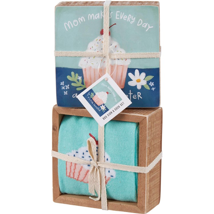 Mom Makes Sweeter Box Sign And Sock Set - Wood, Paper, Cotton, Nylon, Spandex