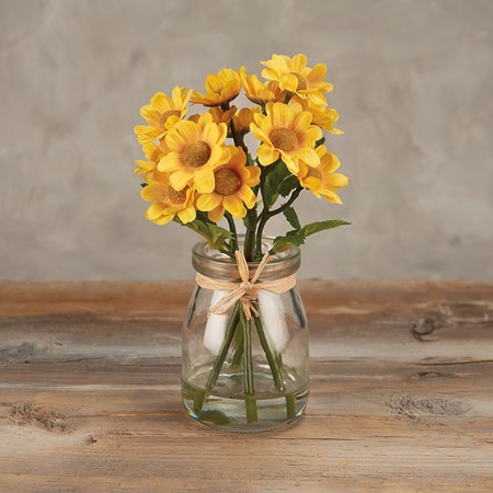 Vase - Yellow Daisies  - 4" Diameter x 7" - Glass, Plastic, Fabric, Wire