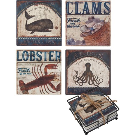 Coaster Set - Kraken Lobster - 4" x 4" x 1.50" - Stone, Metal, Cork
