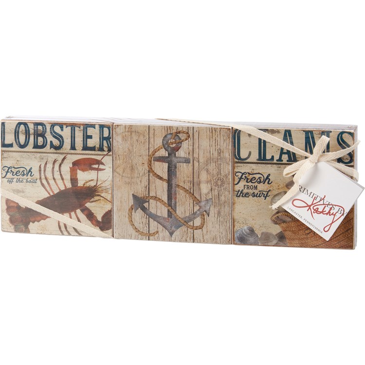 Lobster Anchor Clams Block Sign Set - Wood, Paper