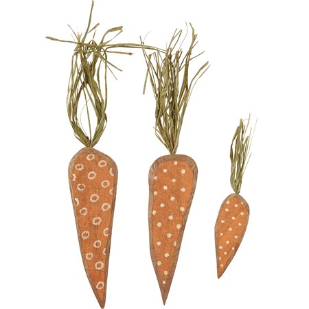 Wooden Carrot Set - Dotted - 3" x 9" x 0.50", 3" x 8.75" x 0.50", 2" x 5" x 0.50" - Wood, Raffia