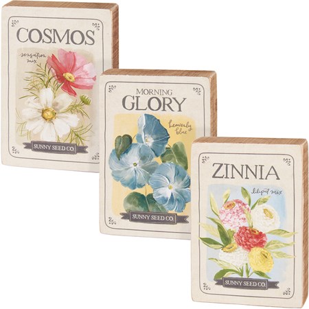 Block Sign Set - Flower Seed Packets - 3" x 4.50" 1", Box: 9.25" x 4.75" x 1" - Wood, Paper