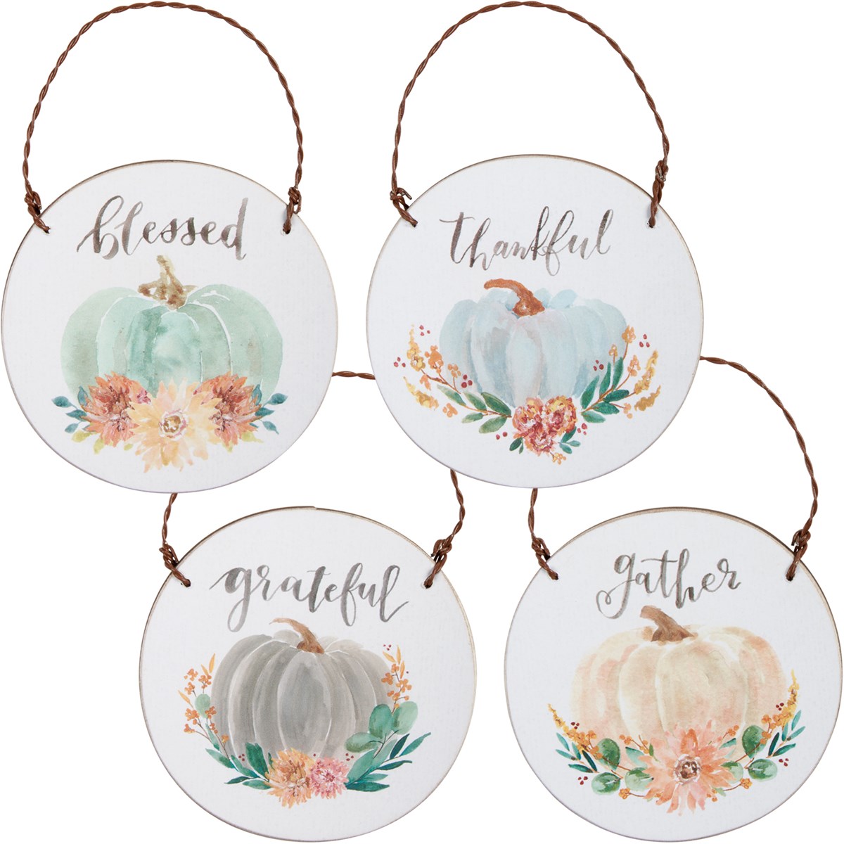 Ornament Set - Blessed - 3" Diameter x 0.25" - Wood, Paper, Wire