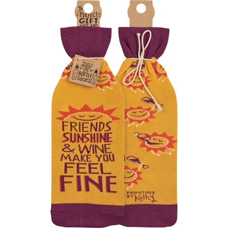 Bottle Sock - Sunshine & Wine - 3.50" x 11.25", Fits 750mL to 1.5L bottles - Cotton, Nylon, Spandex